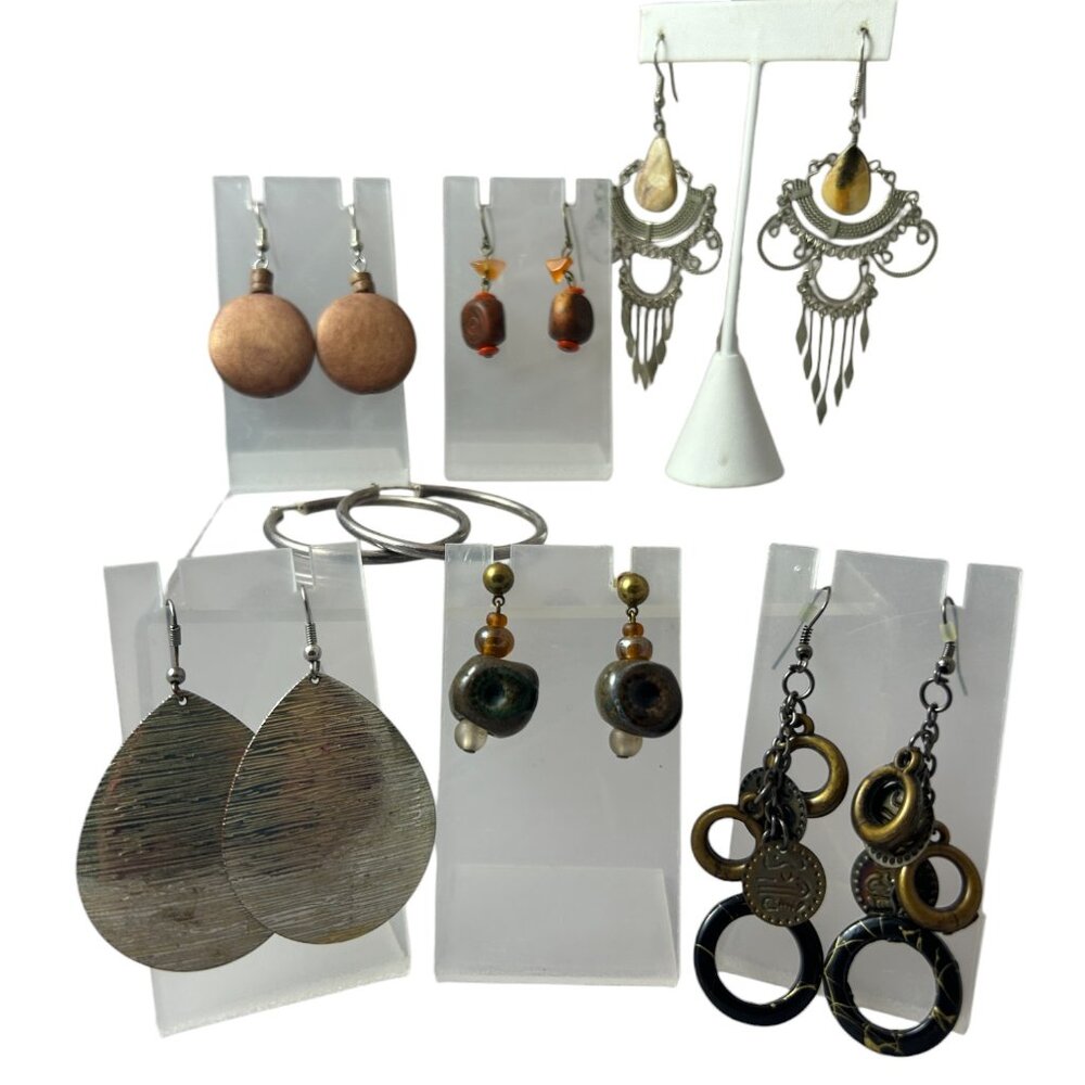 Boho Lot 7 Earrings Dangle Mixed Metals Wood Beaded Hoop Textured Bold